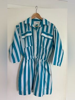 Vintage André Lamonte striped teal & white utility romper.